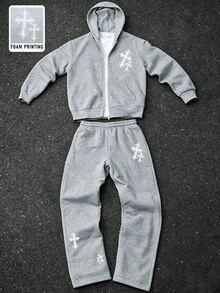 SHEIN 青少年女孩十字圖案拉鍊連帽外套與長褲休閒日常穿搭套裝 - 灰色 - 查看 7