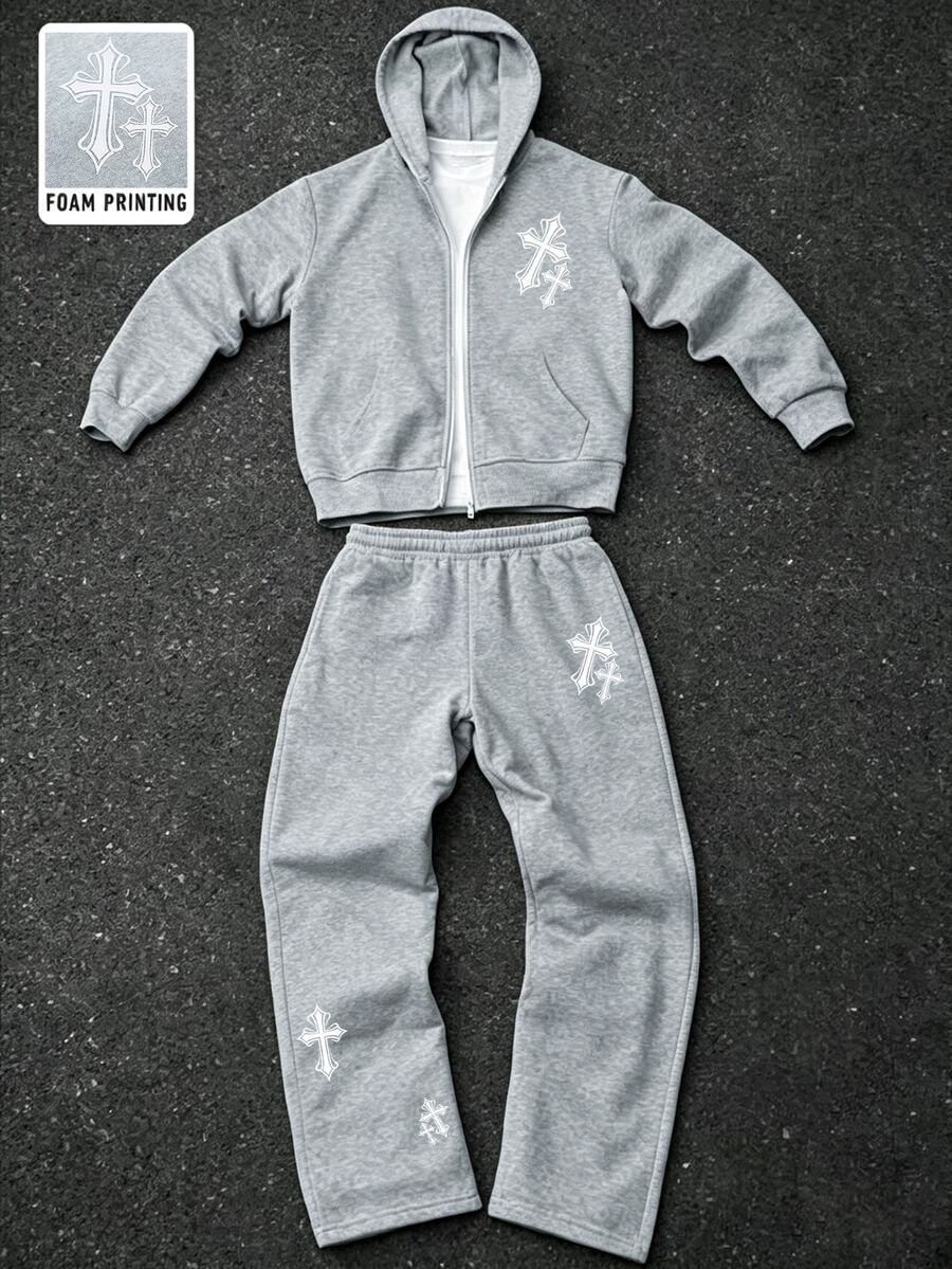 SHEIN Teen Girl Cross Pattern Zip-Up Hoodie And Pants Casual Daily Outfit - Grey - View 1