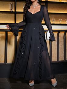 Reflora Plus Size Women Sweetheart Neckline Contrast Mesh Flare Sleeve Glitter Elegant Dress - Black - View 6