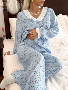 CottageSlumber Romantic Women's Woven Printed V-Neck Lace Bow Long Sleeve Top And Pants Pajama Set - Blue - View 4