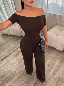 SHEIN SXY 女款露肩短袖修身純色優雅連身褲 - 咖啡棕 - 查看 4
