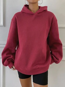 DAZY Women's Black Solid Color Loose Drop Shoulder Long Sleeve Casual Versatile Pullover Sweatshirt Hoodies - Burgundy - View 5