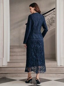 Anewsta Women's Elegant 2 Pieces Set Embroidered Fabric Jacket With Skirt, Autumn New Style - Navy Blue - View 7