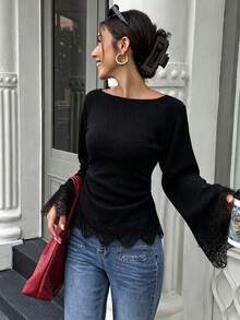 Flora Isola Flora Isola Women's Autumn/Winter Cinched Waist Ruched Lace Trim Patchwork Casual Commuter T-Shirt Top - Black - View 4
