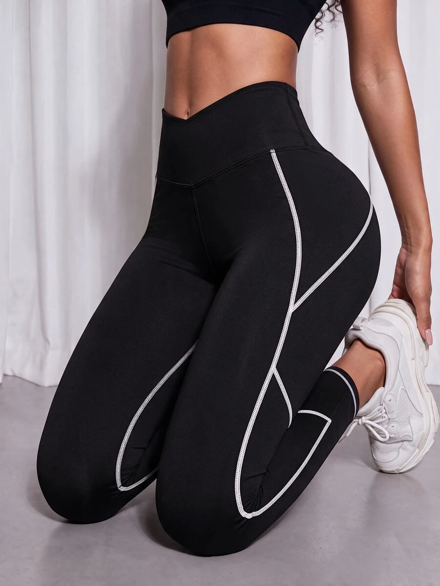 SHEIN Core Rhythm Women's High Waist Colorblock Sports Leggings - Black and White - View 1