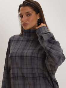 MUSEYN Grey Check Print High Neck Long Sleeve Oversized Top Versatile Everyday Casual Fall - Multicolor - View 5