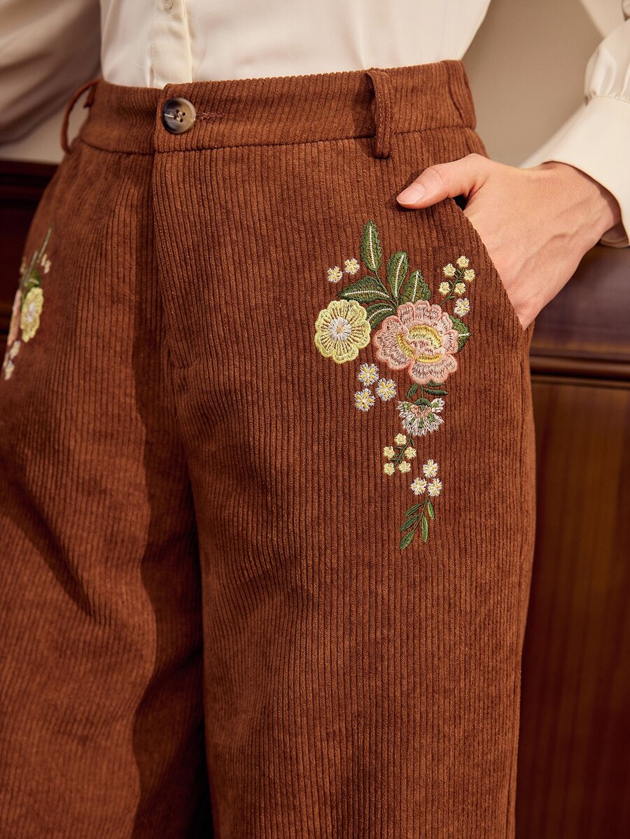 Vintamour Women's Pocket Button Floral Embroidered Pattern Long Pants - Brown - View 1