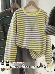 SHEIN CURVE+ 大尺碼女款休閒圓領長袖條紋運動衫 - 彩色 - 查看 1