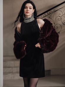 Anewsta Affair Gaun Malam Wanita Tanpa Lengan Berhiaskan Rhinestone yang Mempertegas Pinggang, Romantis dan Elegan - Hitam - View 6