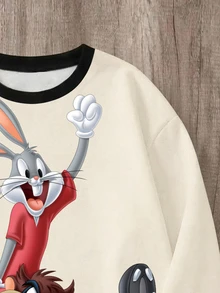LOONEY TUNES X SHEIN Daypath 男士圓領對比飾邊卡通印花休閒日常百搭長袖衛衣 - 杏色 - 查看 5
