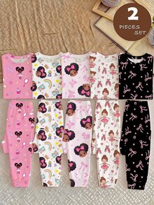 Tween Girl 1pc Cartoon Graphic Tee & 1pc Pants Sleep Pajamas Set - Multicolor - View 1