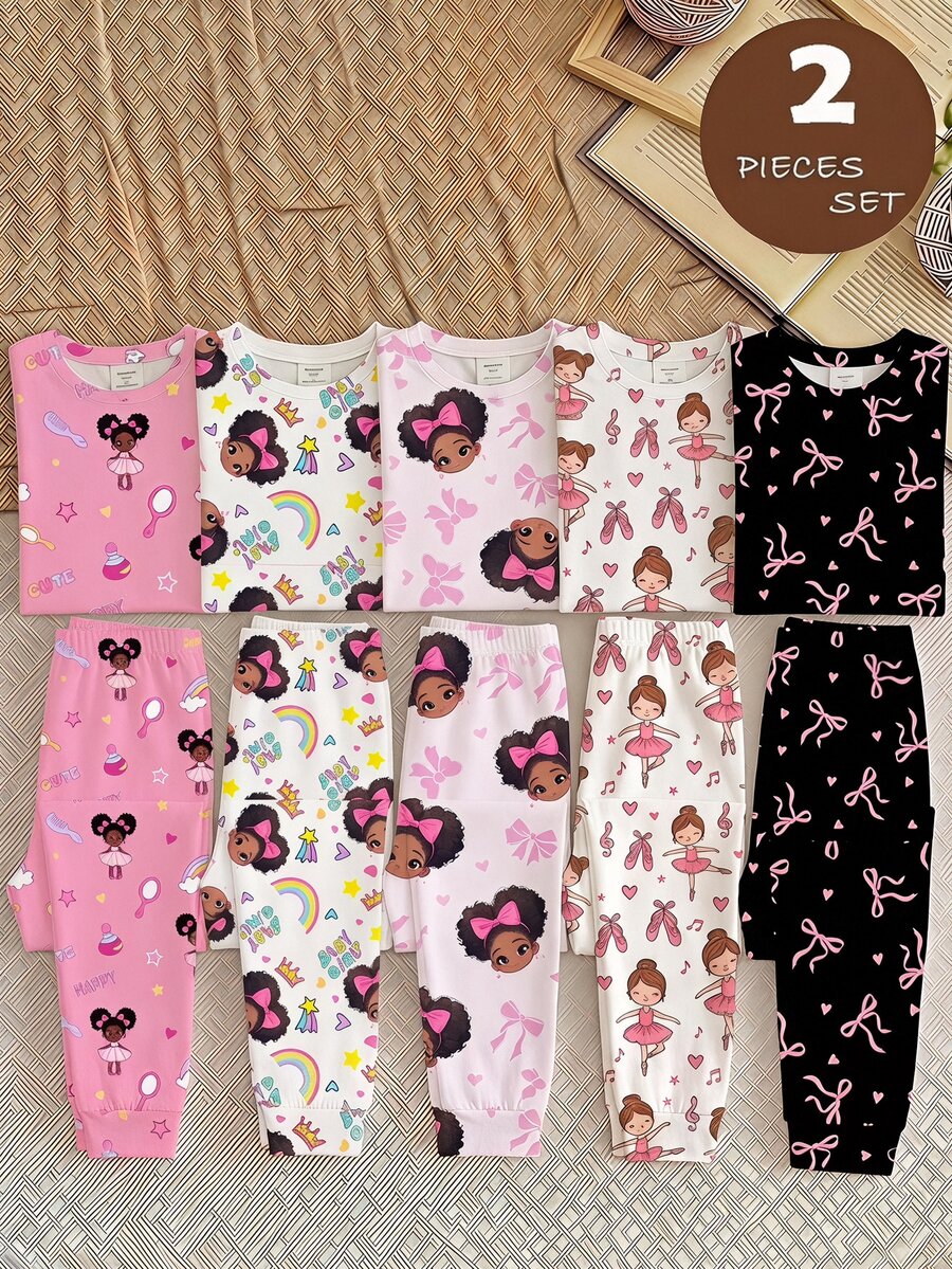 Tween Girl 1pc Cartoon Graphic Tee & 1pc Pants Sleep Pajamas Set - Multicolor - View 1