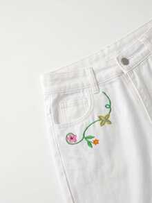 SHEIN MOD 女款極簡花卉刺繡牛仔褲 - 白色 - 查看 3
