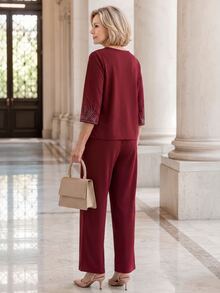 EMERY ROSE Conjunto de top y pantalones para mujer con cuello fruncido y decoración de lentejuelas en color burdeos - Burdeos - Ver 2