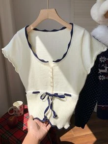 Comfortcana Women's Square Neck Short Sleeve Drawstring Tie Button Front Cardigan - White - View 7
