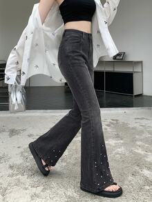 Dazy Tall 女款水鑽裝飾喇叭腿牛仔長褲 優雅長褲 - 灰色 - 查看 4