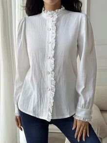 DAZY Solid Color Loose Ruched Ruffle Long Sleeve Princess Sleeve Casual Vacation Korean Style Girl Spring Autumn Blouse Women Shirt - White - View 4