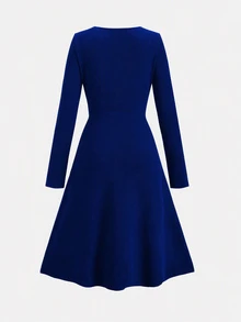 SHEIN Clasi 女款純色圓領優雅長袖洋裝，適合日常通勤穿著 - 寶藍色 - 查看 3