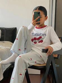 Dazy Kids 對比色圓領圖案印花休閒女童家居服套裝 秋季 - 白色 - 查看 7