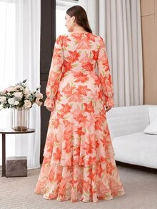 Reflora Plus Size Women's Floral Print V-Neck Ruffle Hem Elegant Dress - Red - View 2