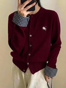 Comfortcana Women's Patchwork Plaid Cuff Single-Breasted Knit Cardigan - Burgundy - View 6