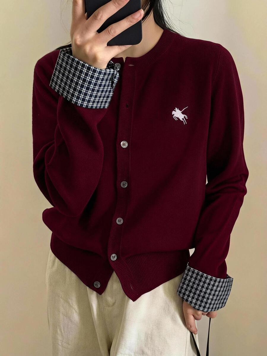 Comfortcana Women's Patchwork Plaid Cuff Single-Breasted Knit Cardigan - Burgundy - View 1