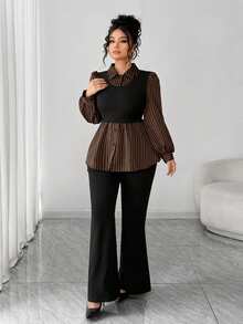 Elenzga Plus Size Casual Versatile Commute Patchwork Striped 2 In 1 Shirt And Versatile Minimalist Flared Long Pants Two Pieces Set - Brown - View 4