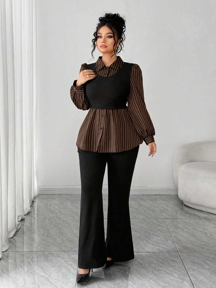 Elenzga Plus Size Casual Versatile Commute Patchwork Striped 2 In 1 Shirt And Versatile Minimalist Flared Long Pants Two Pieces Set - Brown - View 4