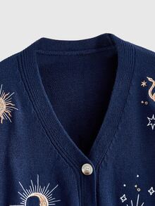 ROMWE Vintage Hippie Sun Moon Stars Snake Embroidered Plus Size Cardigan - Blue - View 4