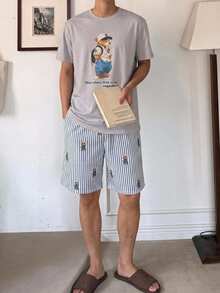 DAZY 男士夏季圖案印花T恤與條紋短褲居家休閒套裝 - 灰色 - 查看 3