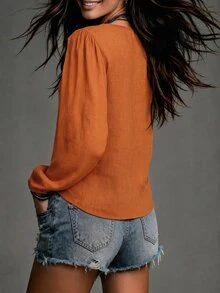 SHEIN Women's Casual Loose Design Button-Down Long Sleeve Shirt With V-Neck And Geometric Embroidery Pattern, Suitable For Dates, Vacations, Parties, Daily Outings, Gatherings, Outdoor Activities - Orange - View 3