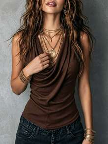 LUMIGAL Women's Stacked Collar Slim Fit Tank Top - Coffee Brown - View 5