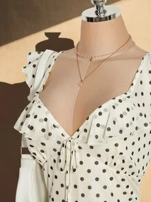 SHEIN ICON 女款大尺碼甜心領黑白波點荷葉邊下擺洋裝 - 淡黃色 - 查看 5