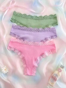 Eraneu 3PCS Lace Trim Women's Panties, Soft And Comfortable, Suitable For Daily Wear And All Seasons, Sweet And Cute, Perfect For Dates And Parties - Multicolor - View 2