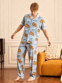 Notgurli GARFIELD | SHEIN Men's Cat Print Single-Breasted Short Sleeve Shirt And Shorts 2 Pieces Set - Multicolor - View 4