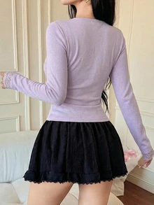 DAZY 春/夏修身優雅蕾絲拼接情人節派對白色長袖女款T恤 - 紫丁香色 - 查看 2