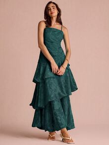 Enchnt Women's Spaghetti Strap Multi-Layer Ruffle Dress - Dark Green - View 4