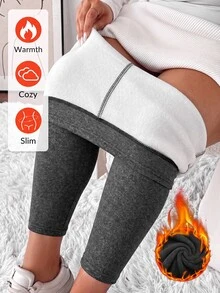 SHEIN CURVE+ 大尺碼女款休閒純色內搭褲，百搭極簡風，適合工作/辦公室/健身房，秋冬保暖內搭褲 - 灰色 - 查看 1