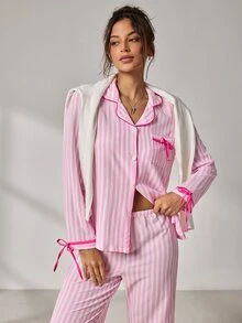 EverLounge Women's Pink & White Vertical Striped Bowknot Long Sleeve Single-Breasted Top And Elastic Waist Long Pants Pajama Set - Pink - View 1