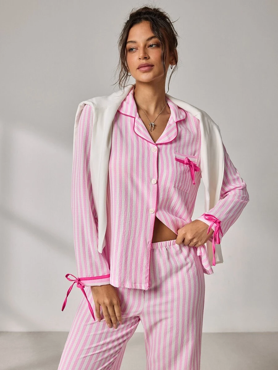 EverLounge Women's Pink & White Vertical Striped Bowknot Long Sleeve Single-Breasted Top And Elastic Waist Long Pants Pajama Set - Pink - View 1