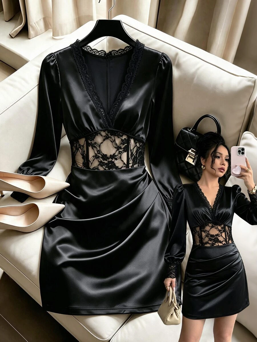 SHEIN Quần áo mùa thu cho nữ, váy ngắn nữ - màu đen - Xem 1