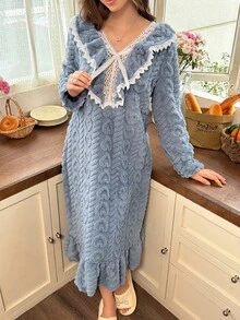 Snug Reverie Autumn/Winter Plush Thickened Princess Style Long Nightgown Women's Winter Loungewear Pajamas - Dusty Blue - View 4