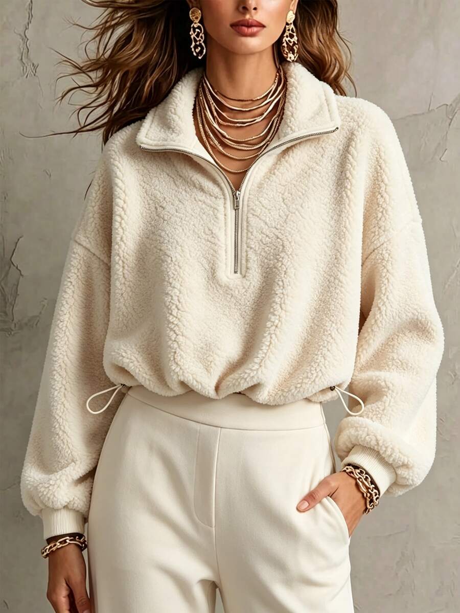 QUELARIE Women's Collared Half-Zip Fleece Sweatshirt With Adjustable Drawstring Hem, Versatile - Apricot - View 1