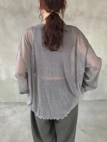 FRIFUL 女款藍色寬鬆圓領網紗上衣 透視層搭款 春夏 - 灰色 - 查看 5