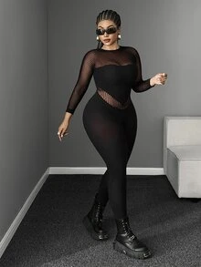 Maweii Women's Plus Size Patchwork Fishnet Long Sleeve Sexy Jumpsuit - Black - View 4