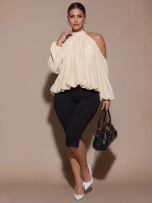 SHEIN BAE CURVE Plus Size Women's Solid Color Cold Shoulder Lantern Sleeve Fashion Blouse - Apricot - View 5