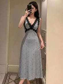 DAZY 秋冬蝴蝶結圖案滿版印花對比色蕾絲拼接收腰長洋裝，夏季女款睡裙套裝 - 灰色 - 查看 3
