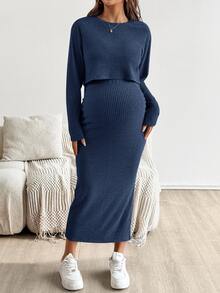 SHEIN Maternity Solid Color Round Neck Short Sleeve Top And Skirt 2 Pieces Set - Navy Blue - View 3