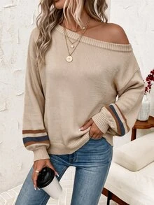 SHEIN Clasi 不對稱肩部泡泡袖優雅毛衣，適合秋冬穿著 - 彩色 - 查看 1