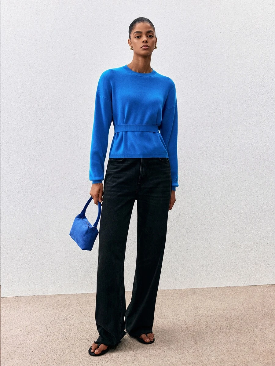 ATUI Studio Minimalist Versatile Round Neck Dropped Shoulder Long Sleeve Waist Horizontal Ribbed Cinched Loose Fit Casual Women's Sweater - Blue - View 1